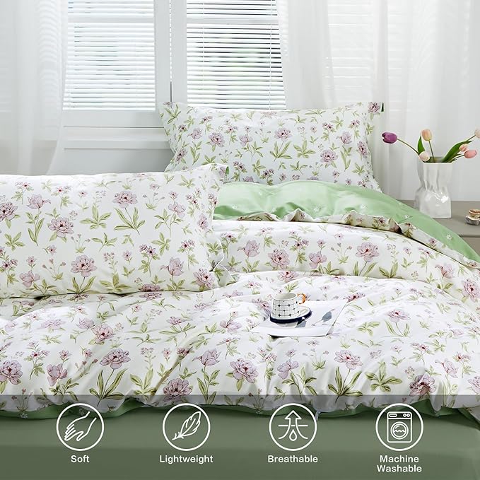 SAPHREAS Pink Lavender Floral Duvet Cover Set Queen Size 3pcs Garden Style Botanical Blossom Bedding Comforter Cover Set 100% Cotton 1 Duvet Cover 90"x90" 2 Pillow Shams, Comforter Not Included