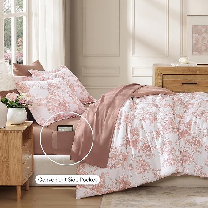 Full Comforter Set -7 Pieces Pink Floral Comforter Set for All Seasons, Bed in a Bag Full with Botanical Flowers Comforter, Sheets, Pillowcases & Shams