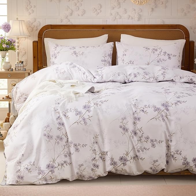 Floral Duvet Cover King Size - 100% Nature Cotton Reversible Grayish Flower Bedding Set with Zipper Closure, 3 Pieces Soft & Breathable Beige Comforter Cover