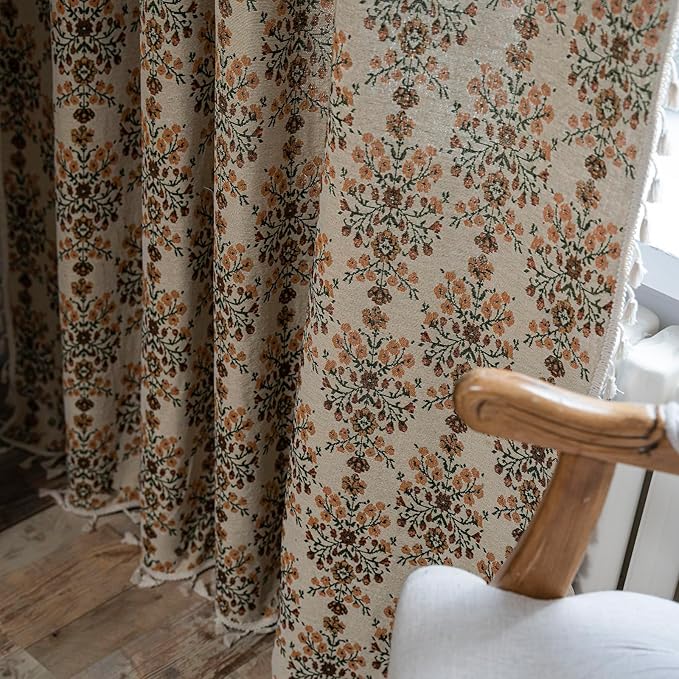 Floral Curtains 63 Inch Length 2 Panels Vintage Flower Patterned Drapes Boho Short Semi Sheer Tassel Rustic Country Rod Pocket Botanical Farmhouse Window Curtain Panels for Bedroom Living Room