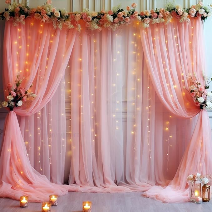 20x10ft Dusty Rose Tulle Backdrop Curtain with Lights String for Parites, Sheer Backdrop Curtains for Wedding Baby Shower Birthday Party Photo Shoot Decorations