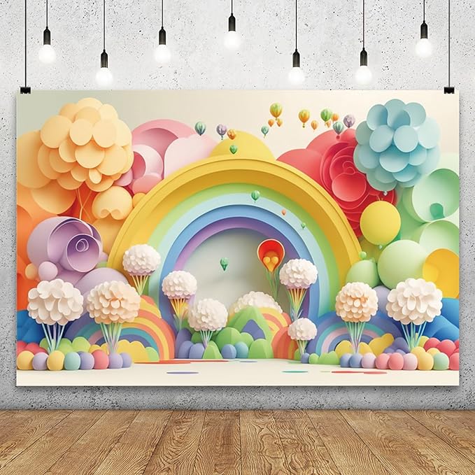 YongFoto Paper Flowers Backdrop 7x5ft Colorful Cut Paper Floral Blossom Rainbow Arch Hot Air Balloon Honeycomb Ball Photography Background Lovely Party Banner Home Decor Photo Studio Booth Props