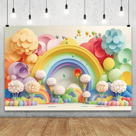 YongFoto Paper Flowers Backdrop 12x8ft Colorful Cut Paper Floral Blossom Rainbow Arch Hot Air Balloon Honeycomb Ball Photography Background Lovely Party Banner Home Decor Photo Studio Booth Props