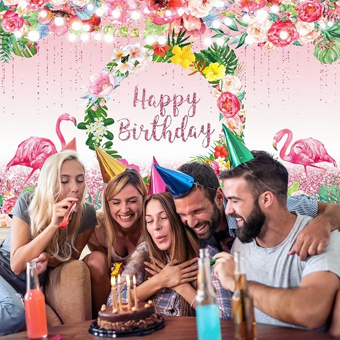 Renaiss 10x7ft Pink Flamingo Happy Birthday Backdrop Tropical Leaves Floral Hoop Winkle Hawaiian Photography Background Luau Aloha Party Decor Girls Birthday Photo Props Dessert Gift Table Banner