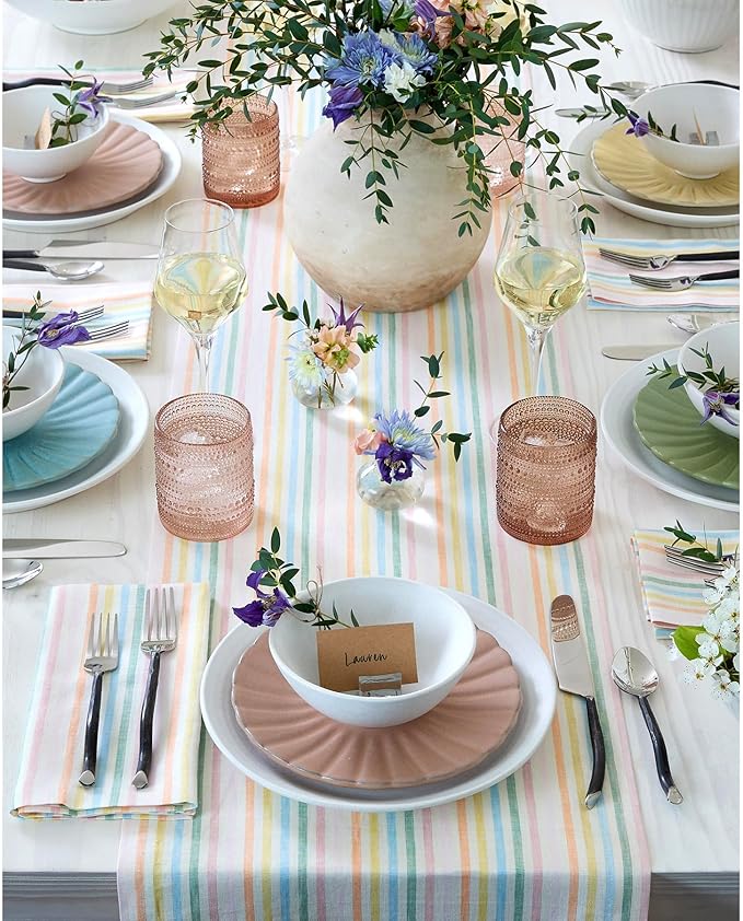 Solino Home Striped Linen Table Runner 108 Inches Long - Julia 100% Pure Linen Multicolor Muted Pastel Stripe Dining Table Runner 14 x 108 Inch for Spring, Easter
