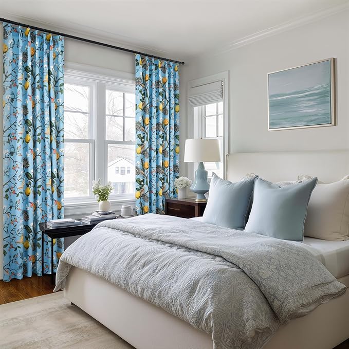 Light Blue Rustic Pinch Pleated Curtains 96 Inches Long for Living Room Bedroom Blackout Vintage Art Deco Anthropologie Vintage Floral Lemon Hummingbird Drape 2 Panels