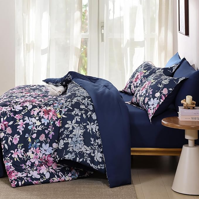 Dobuyly King Size Comforter Set, 7 Pieces Navy Blue Floral Comforter Set, Bed in a Bag King with Botanical Flowers Pattern, All Season Farmhouse Bedding Set with Sheets, Pillowcases & Shams