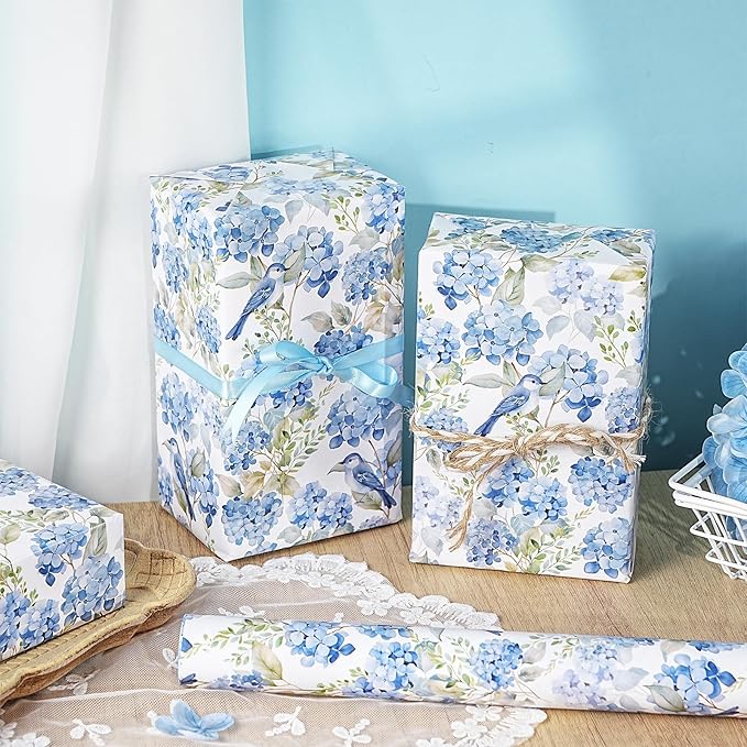 LeZakaa Hydrangea Wrapping Paper Roll, Whimsical Blue Bird Flowers Design for Wedding Bridal Shower Birthday Baby Shower, Kids' Parties, Girls, Boys, Mini Roll 17 in x 16.4 Ft