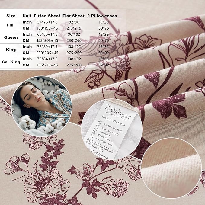 Zusbest California King Sheet Sets 100% Percale Cotton Red Floral Bed Sheet, Brushed Extra Softness, Breathable Toile Flannel Like Sheets Shabby Vintage Flower Print Deep Pocket Sheets 17.5'' 4 Pcs