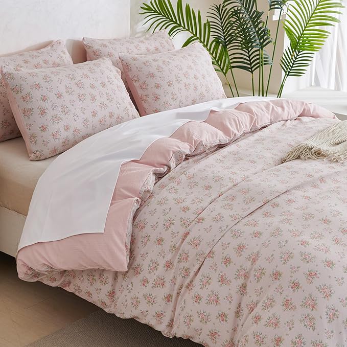 Comforter Set Queen Size Floral Soft 3 Pieces Chic Crinkle Gauze Fabric Garden Style Flower Print Botanical Comforter for All Seasons Luxury Warmth Comfy Breathable with 2 Pillowcases