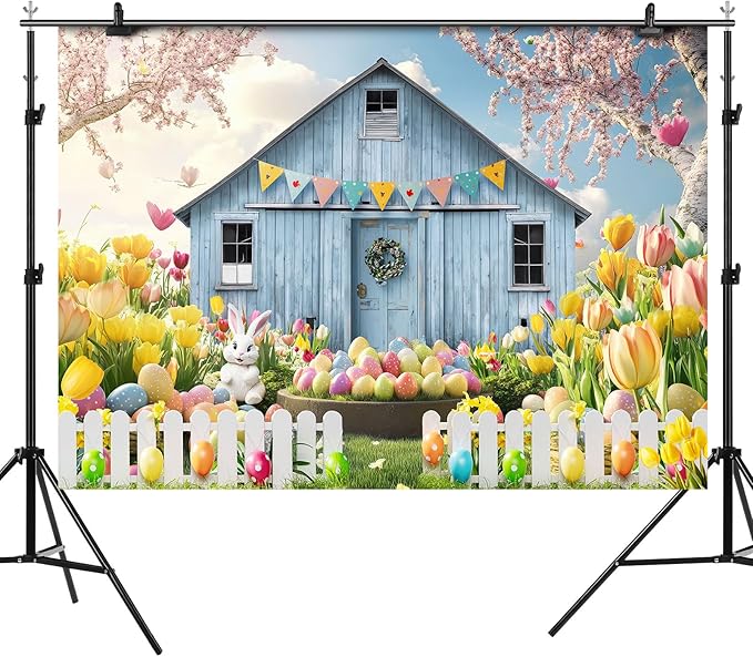 Easter Backdrop Spring Farm Barn Rabbit Bunny Egg Floral Grassland Photography Background Easter Party Decoration Supplies Favors Cake Table Banner Photo Booth Studio Props 7x5ft
