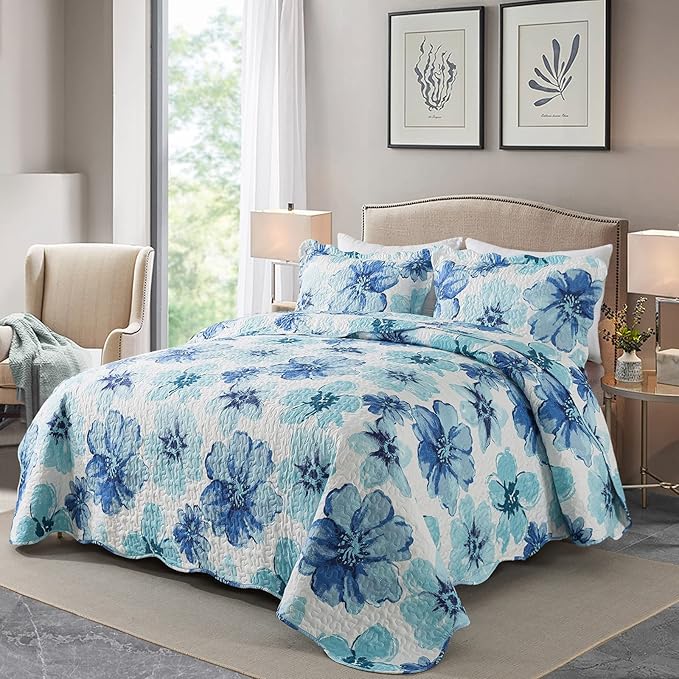 HoneiLife Quilt Sets Queen Size - 3 Piece Microfiber Quilts Reversible Bedspreads Print Coverlets Floral Bedding Set All Season Bedcover- Splash-Ink Painting,Blue & Cyan