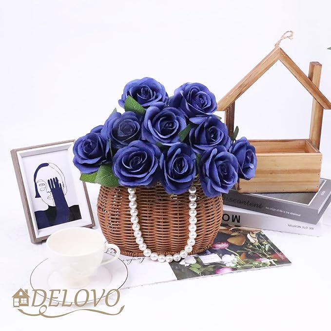 52pcs Navy Blue Roses Artificial Flowers Fake Flowers Silk Roses with Stems for DIY Wedding Bouquets Bridal Shower Centerpieces Arrangements Party Decorations