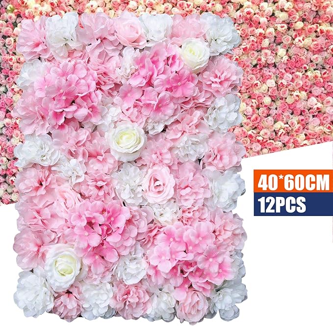 16"x 24" Artificial Flower Wall Panels,Flower Wall Mat Silk Flower Panels for Outdoor Garden Backyard Fence Fence Privacy Screen and Indoor Wall Decor(12Pcs Pink+White,Style 2)
