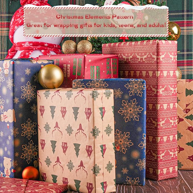 Happypapa Christmas Wrapping Paper, Kraft Xmas Wrapping Paper Rolls - Jingle Bell, Reindeer, Gift and Snowflakes Pattern - 4 Rolls - 17 Inch × 120 Inch Per Roll