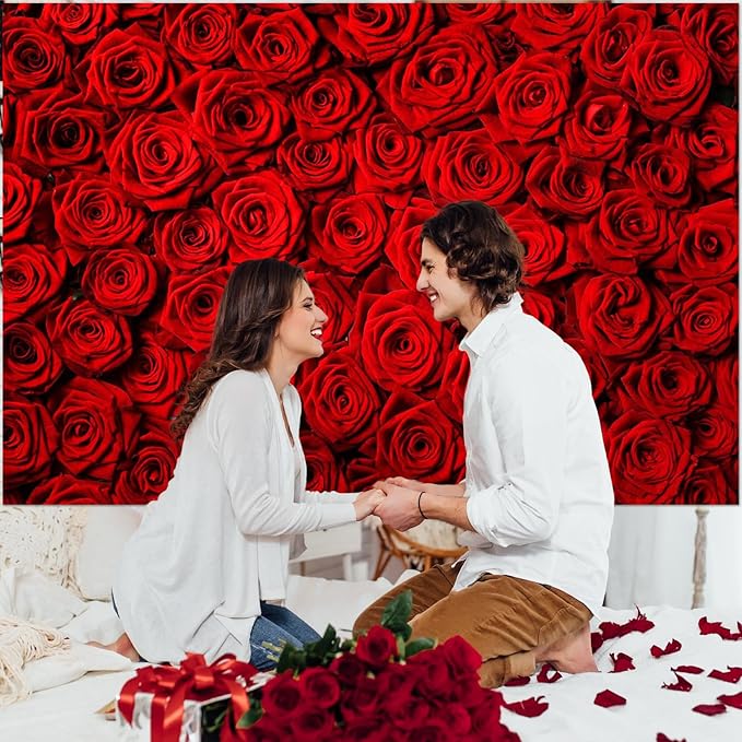 Avezano Valentine's Day Backdrop Rose Flower Wall Photo Background Red Rose Wedding Bridal Shower Photography Backdrop Mother's Day Birthday Party Dessert Table Banner (8x6ft)