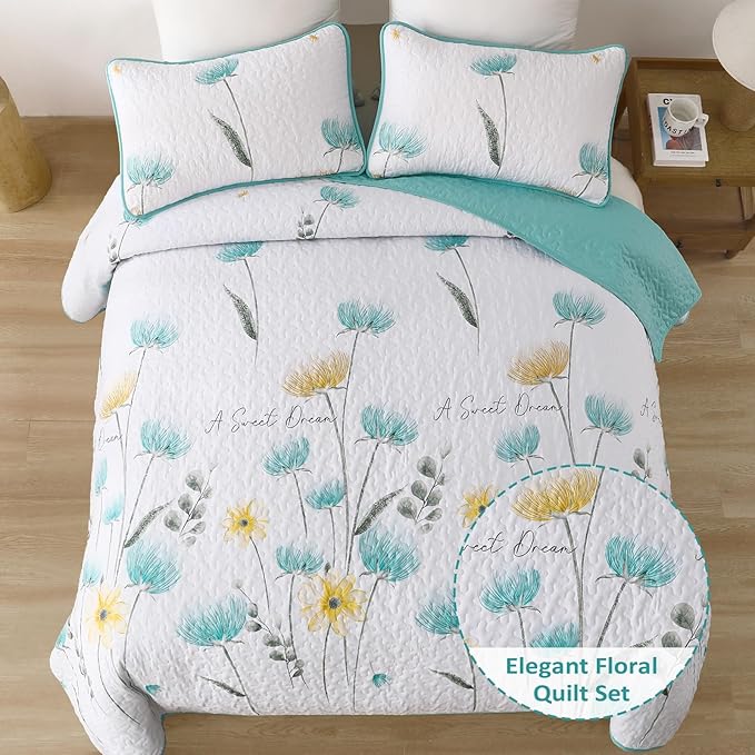 Dinjoy King Size Quilt Set Floral,3 Piece Aqua Farmhouse Bedding Set Lightweight Flower Bedspreads White Coverlet Bed Sets Cute Boho King Quilts for Summer All Season(110"x90")