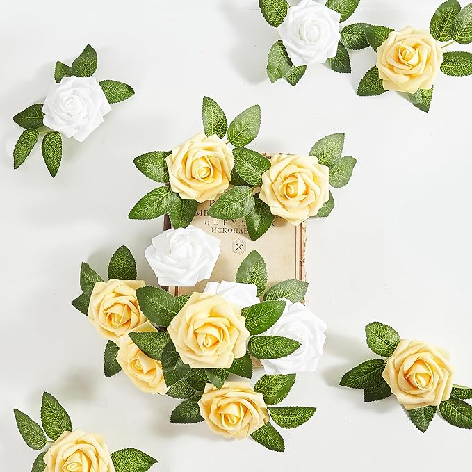 Artificial Flowers, 25pcs Yellow and White Artificial Rose for DIY Wedding Bouquets Centerpieces Arrangements, Fake Flower with Stems for Party Home Decorations