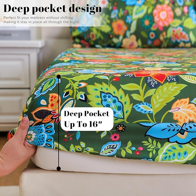 Bedlifes Full Sheet Set Ultra Soft, Breathable, Silky Flower Deep Pocket 100% Microfiber Bedding, 4 Piece Full Size with Floral Dark Green