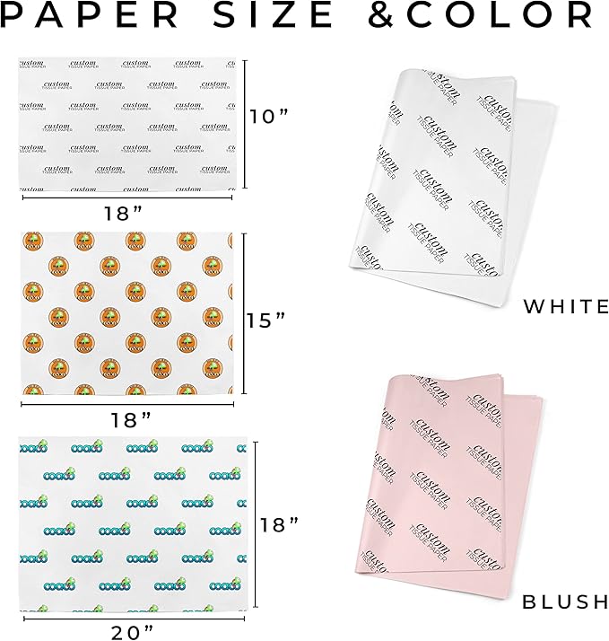 COACO Personalized Tissue Paper, Your Custom Design, Logo, or Text, Great for Holiday or Special Occasion, Small Business Packaging or Gift Wrapping, Gift Bags, 30, 50, or 100 Count, Blush (18"x10")