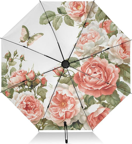 Automatic Folding Umbrella Windproof Strong, UV Protection Compact Floral Hydrangea Hummingbird Sun Rain Sun Rain Travel Umbrellas for Women Men