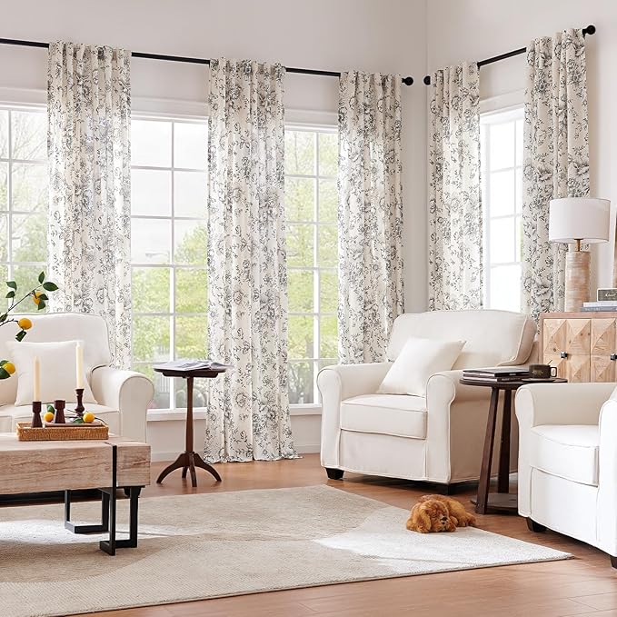 jinchan Linen Blend Curtain Floral Curtains for Living Room 72 Inch Length Black Printed Curtain Rod Pocket Back Tab Farmhouse Peony Flower Patterned Drapes Bedroom Window Curtains Set 2 Panels