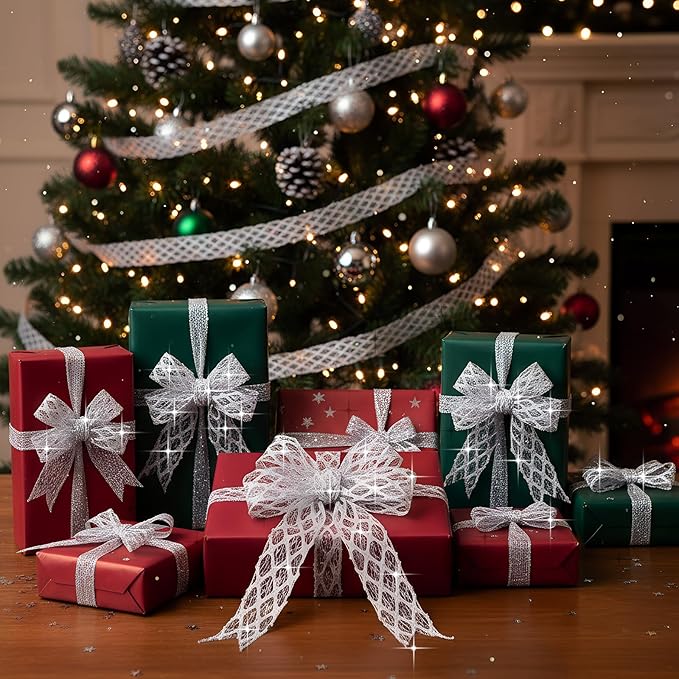 Geosar 20 Yards Silver Glitter Mesh Wired Ribbon for Christmas Tree Decorations, Gift Wrapping, DIY Craft, Xmas Wreaths, Cabinet Decor (1.5 Inch)