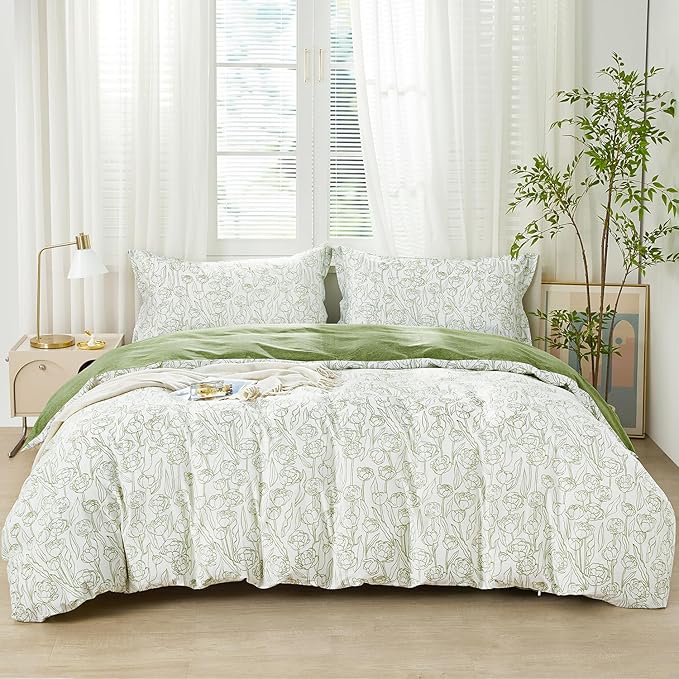 SAPHREAS White Duvet Cover Set Twin Size 2pcs Green Floral Bedding Comforter Cover Set 100% Cotton 1 Duvet Cover 68"x90" 1 Pillow Sham, Comforter Not Included