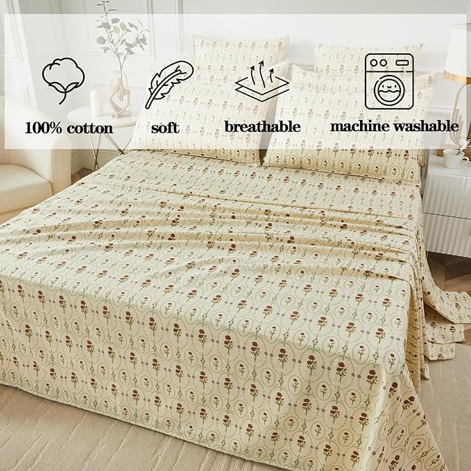 FADFAY Twin Size 100% Cotton Beige Bed Sheets Set Elegant Red Rose Floral Pattern, Soft and Luxurious Shabby Vintage French Country Bedding, 4 Pieces Deep Pocket Fitted Sheet