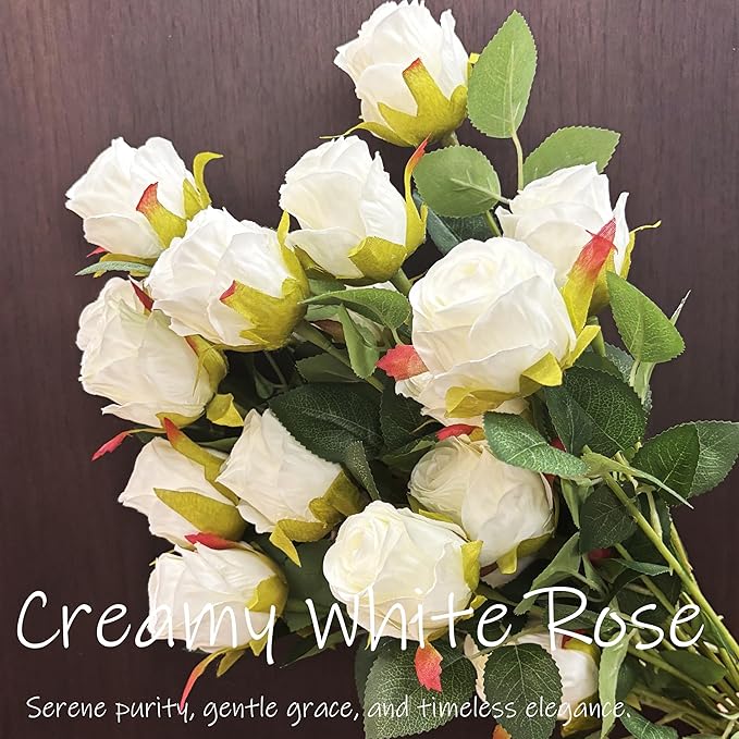 Artificial Roses 10 Pcs - Lifelike Single Stem Fake Roses with Natural Petal Texture,Fade-Resistant Silk Flowers for Wedding Decor,Home Vase Arrangements,Party Centerpieces(10, Creamy White)