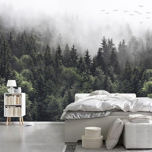 WFBHUA-Misty Forest Self Adhesive Wall Mural Foggy Pine Tree Wallpaper Peel and Stick for Living Room Bedroom 82"x57"