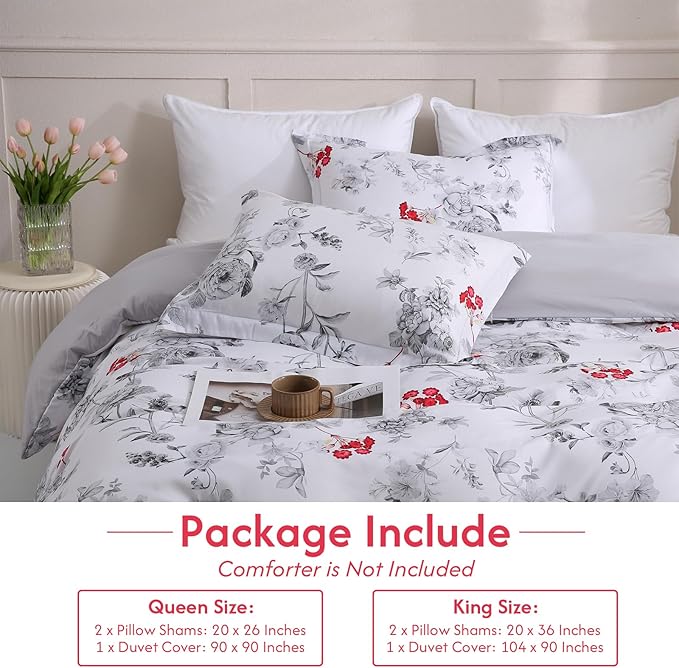 LONAVA Queen Flower 3 Pcs Duvet Cover Set, Breathable Soft Microfiber White Lining Comforter Cover with Zipper Closure, and 2 Anti-Pilling, Fade Resistant Pillowcases, Gothic Rose