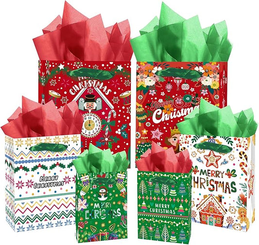 qiqee Christmas Gift Bags Assorted Variety Size Red Green Puppet Design Holiday Tissue Paper Bag Set of 10( 2PCS Large 5.5"x10.2"x13", 4PCS Medium 4.3"x 7.7"x 9.6", 4PCS Small 2.4"x 4.7"x 6.3", 30PCS Tissue Paper)