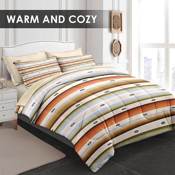 Comforter Set King Size, Geometric Tribal Striped 7 Pcs Bedding for Kids and Adults, Boho Modern Colorful Bed Sheet Sets with Fitted Sheet 2 Pillowcase & 2 Sham for Bedroom Bed Decor