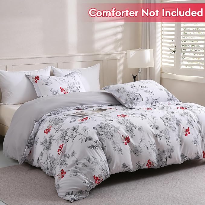 LONAVA Queen Flower 3 Pcs Duvet Cover Set, Breathable Soft Microfiber White Lining Comforter Cover with Zipper Closure, and 2 Anti-Pilling, Fade Resistant Pillowcases, Gothic Rose