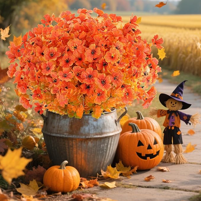 AmyHomie 16 Bundles Fall Orange Artificial Flowers for Outdoor Fall Decor UV Resistant Faux Flowers No Fade Fake Plastic Plants Garden Porch Window Box Decorating