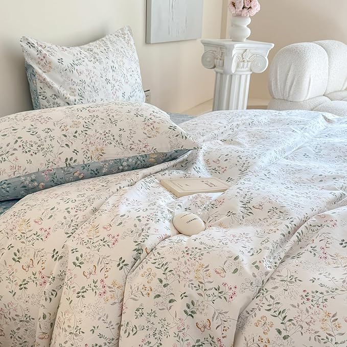 EAVD Garden Vibrant Floral Duvet Cover Full White Soft 100% Cotton Chic Shabby Spring Floral Bedding Set with 2 Pillowcases Reversible Botanical Print Duvet Cover with Zipper Closure