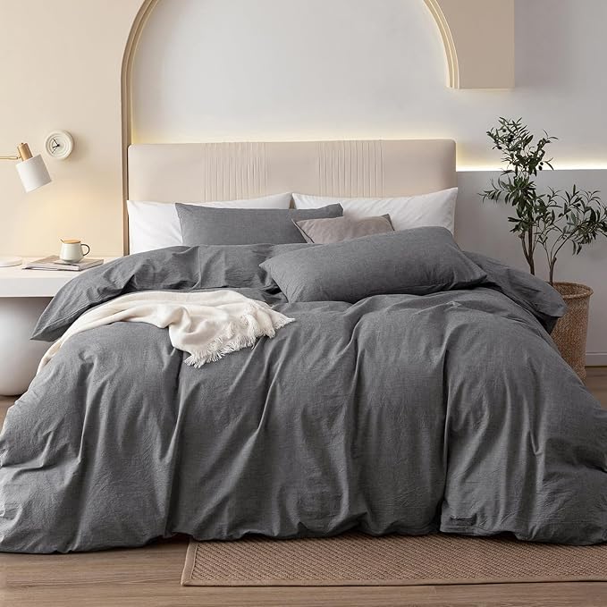 JIYUAN 100% Washed Cotton Duvet Cover Set 3 PCS Oversized Queen, 1 Duvet Cover 98"x98" (Comforter Not Included) and 2 Pillowcases,Linen Feel Bedding Set Comfy and Breathable, Heathered Dark Grey