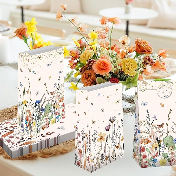 12 PCS Wildflower Party Favor Gift Bags Boho Floral Small Candy Goodie Bags Boxes with Stickers Wildflower Bridal Shower Birthday Wedding Party Supplies
