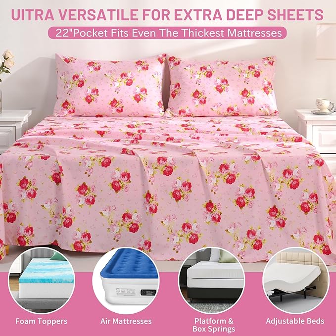 Bedlifes Queen Size Extra Deep Pocket Sheet Sets - Fits Mattresses Up to 18-24" Thick, 4-Piece Microfiber Set with 1800 Thread Count, Soft, Smooth, Breathable, Featuring Pink Floral Red Rose