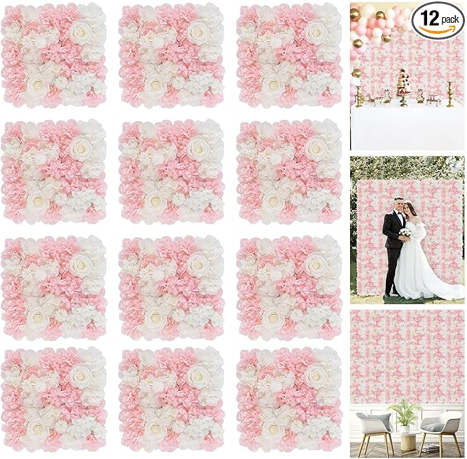 FOTSHARER Pink Flower Wall Backdrop 15''x15'' Floral Rose Wall Panels 12 Pack Artificial Flower Wall Wedding Flower Backdrop Wall 3D Flower Wall Panels for Backdrop Birthday Party Bridal Showers Decor