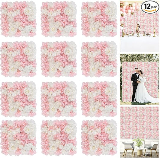 FOTSHARER Pink Flower Wall Backdrop 15''x15'' Floral Rose Wall Panels 12 Pack Artificial Flower Wall Wedding Flower Backdrop Wall 3D Flower Wall Panels for Backdrop Birthday Party Bridal Showers Decor