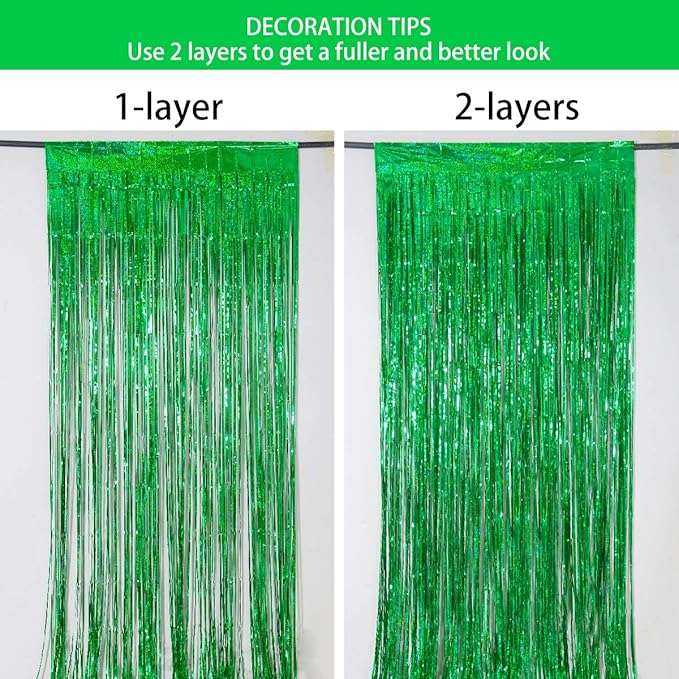 Foil Fringe Curtains Christmas Decorations - Melsan 3 Pack 3.2 x 8.2 ft Green Tinsel Curtain Party Photo Backdrop for Birthday Party Baby Shower or Graduation Decorations