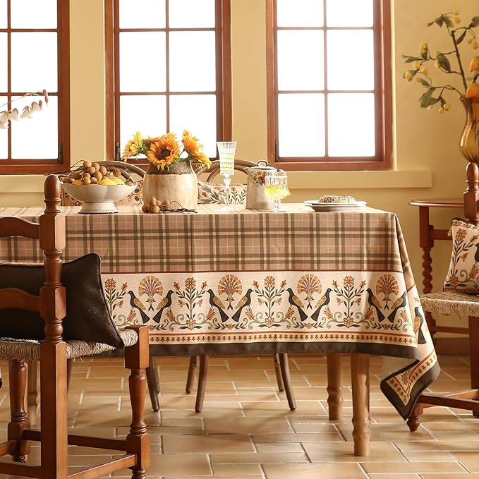Vintage Brown Checkered Long Rectangle Tablecloth,Italian Floral Linen Wrinkle Free Table Cloth,Decor Table Cover for Kitchen,Dining,Thanksgiving,Christmas,Party,63"*94"-Seville
