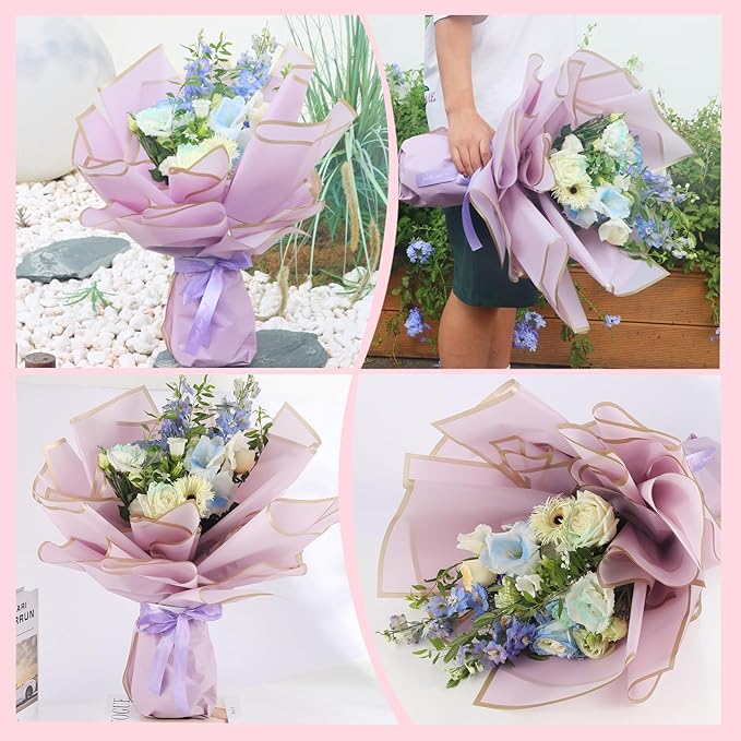 YIDATIKER 20 sheet Flower Wrapping Paper,waterproof floral wrapping paper for bouquets,DIY Florist Supplies Packaging Paper with satin ribbon for Wedding,Birthday,Valentine's Day(Purple)