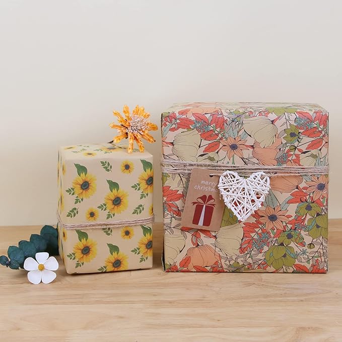 Aimyoo Kraft Floral Wrapping Paper Roll - Mini Roll - 17 Inch x 16.4 Feet - All Occasion Vintage Flower Gift Wrap Paper for Mother's Day Wedding Birthday Bridal Shower