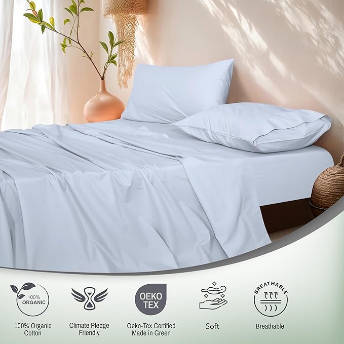 RUVANTI 100% Organic Cotton Sheets Split King, Percale Weave, GOTS Certified, 5-Piece Set, Deep Pocket 15", Crisp & Breathable, Soft Durable Bedding, Sábanas Algodón Orgánico – Arctic Ice