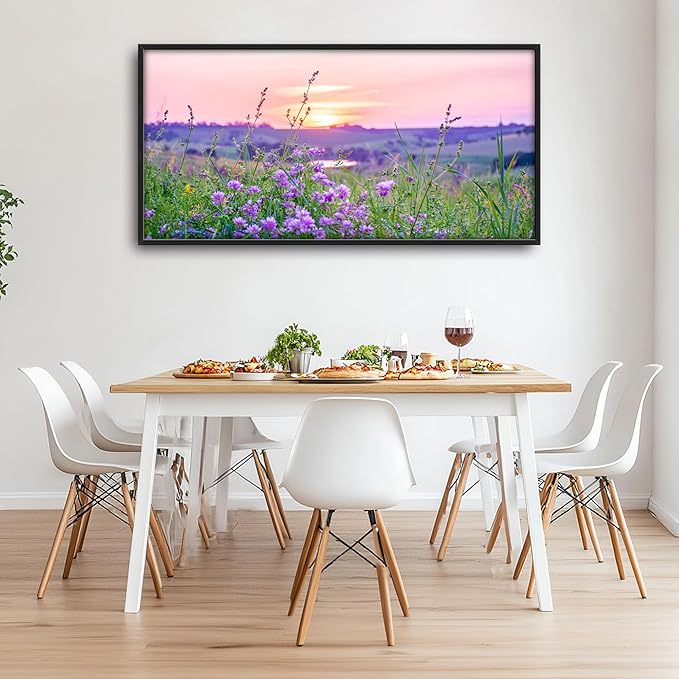 Nature Scenery Large Wall Art Sunset Framed Wall Decor for Living Room Countryside Wildflowers Pictures Oversized Canvas Print Painting Modern Extra Large Framed Artwork for Bedroom Office 60"x30"