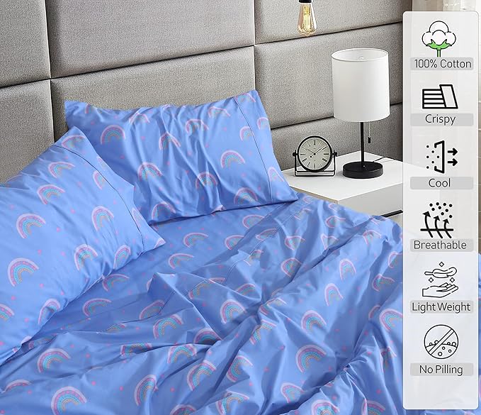 RUVANTI 100% Cotton Full Size Bed Sheets, 4 Pieces, Soft & Breathable Percale Weave Bedding, Deep Pocket 16", Hotel Standard, Crisp Cool Feel, Durable, Perfect Sheet Set Floral, Baby Rainbow