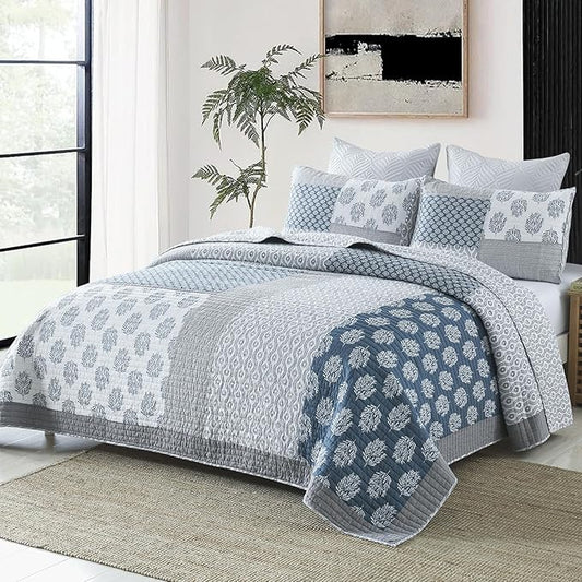 PANGUSHAN Quilt Set Queen Size, 100% Cotton Bedspread Quilt Bedding Set, Patchwork Reversible Floral Quilt for Queen Bed, Blue/Grey/White Bed Spread, Lightweight Comforter for All Season, 3 Pieces